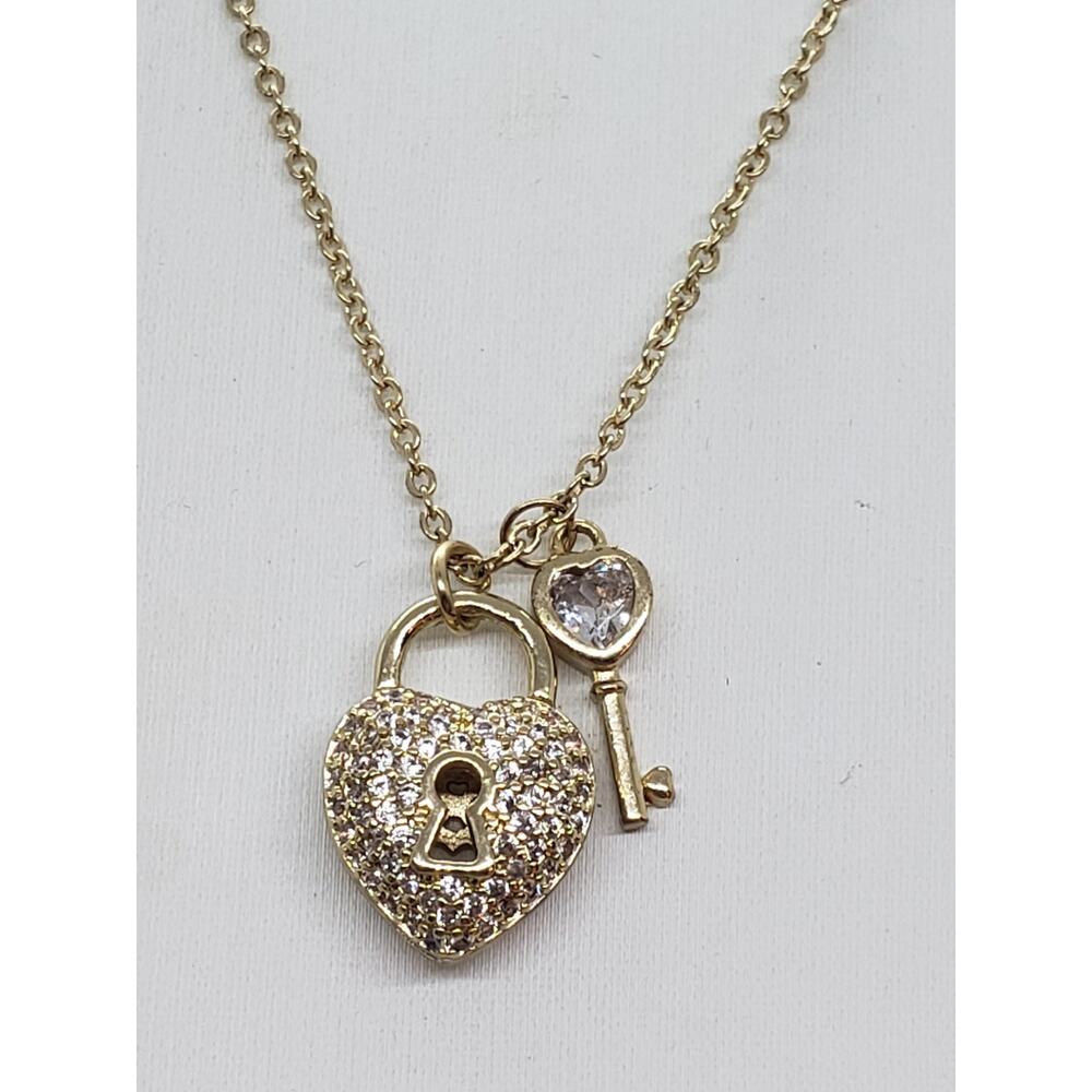 14k Gold Plated Heart Lock & Key Pendant Necklace Rhinestones Love Charm Gift - Picture 2 of 10